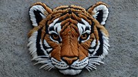 Detailed tiger head portrait with realistic fur texture and expressive eyes on gray background, featuring intricate white, brown and black coloring in traditional style.