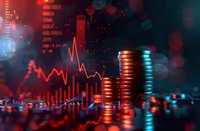 Financial market concept with stacked coins and trading chart in red and blue neon lighting. Perfect for investment, economy, stock market and cryptocurrency presentations.