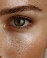 Close-up of green eye with long eyelashes and defined eyebrow on fair skin with natural freckles and dewy complexion showing detailed iris texture and reflection.