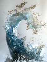 Dynamic ocean wave with gold and white splashes creates powerful movement against light background, capturing force of nature in fluid motion.
