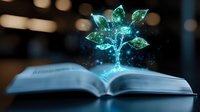 Glowing holographic plant emerging from open book pages, representing knowledge growth, learning innovation, and digital education concepts for design projects.