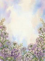Watercolor floral frame with purple flowers and golden leaves on soft pastel background for wedding invitations and greeting cards.