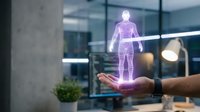 Businessman holding glowing digital human hologram in palm, representing virtual assistant, artificial intelligence, and futuristic technology solutions for business applications.
