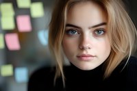 Young blonde woman with blue eyes in black turtleneck sweater looking at camera with soft natural lighting and colorful bokeh background for portraits.