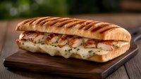 Grilled panini sandwich with melted cheese and herbs on wooden cutting board, perfect for restaurant menus and food photography projects.