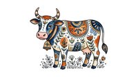 Decorated cow with ornamental patterns, horns, and folk art design elements isolated on white background for clipart, t-shirt printing, and design projects.