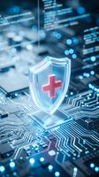Digital healthcare security shield with medical cross on circuit board background representing cybersecurity protection for medical data and systems.