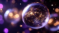 Glowing network sphere with golden connections floating against purple bokeh background for technology and communication concepts.