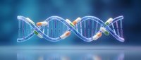 DNA double helix structure with colorful genetic code segments on blue background for biotechnology and medical research applications.