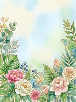Watercolor floral border with roses, peonies, tropical leaves, ferns, and blue berries on a soft pastel background with copy space.