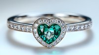 Emerald heart-shaped gemstone surrounded by diamond halo in white metal band. Luxury engagement ring with vibrant green stone center, ideal for weddings and fine jewelry.
