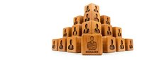 Wooden blocks arranged in pyramid formation with business icons and manager crown symbol representing corporate hierarchy and leadership structure.