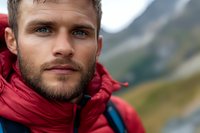 Young Caucasian male hiker with beard wearing red jacket outdoors in mountain landscape. Adventure travel and outdoor recreation lifestyle portrait.