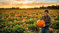 Male farmer in plaid shirt and beanie holding large orange pumpkin in expansive autumn harvest field at golden sunset, ready for fall season and thanksgiving celebrations.