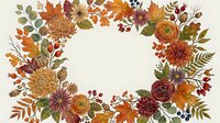 Autumn floral wreath with warm orange, burgundy and gold flowers, leaves and berries on cream background for seasonal greeting cards and fall decorations.