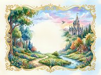 Fairytale landscape with castle, cottage and stream in ornate golden frame. Fantasy countryside scene with rolling hills, trees and magical architecture.