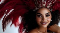 Young woman wearing elaborate carnival headdress with red feathers and crystal embellishments, showcasing cultural celebration and festive performance art.