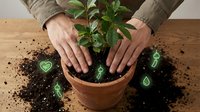Person with pale skin tone planting green seedling in terracotta pot with soil, wearing gray long-sleeved shirt. Hands positioned around young plant for gardening, horticulture, and indoor plant care projects.
