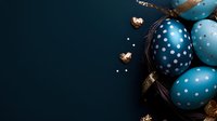 Festive blue Easter eggs with white polka dots and golden heart decorations on dark background create elegant holiday composition for seasonal designs.