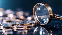 Magnifying glass examining cryptocurrency coins on dark reflective surface with bokeh lights, financial analysis and digital currency concept.