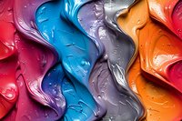 Colorful wavy liquid paint abstract background with water drops and metallic sheen effect, featuring red, blue, purple, silver and orange flowing stripes pattern.