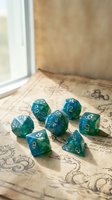 Teal marble polyhedral dice set on vintage map for tabletop RPG gaming adventures and fantasy storytelling sessions.