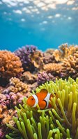 Clownfish sheltering in green anemone with colorful coral reef formations and sunlight filtering through blue ocean water above.