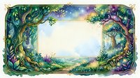 Enchanted forest frame with magical trees, flowers and mystical landscape creating decorative border for fairy tale designs and fantasy artwork.