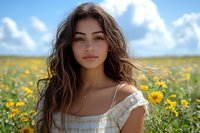 Young Mediterranean woman with long wavy brown hair in white summer dress standing in blooming yellow wildflower meadow on sunny day, natural beauty portrait with soft lighting.