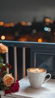 Latte art coffee cup with fern pattern on wooden table, accompanied by peach roses and red flowers against evening city lights bokeh background.