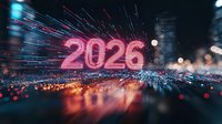 Glowing neon 2026 number with dynamic light rays bursting against urban night cityscape background with bokeh effect.