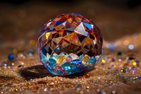 Crystal sphere with geometric facets reflecting vibrant colors on golden sand background with bokeh lights and sparkles. Macro photography art.
