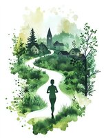 Silhouette of woman jogging on winding path through green watercolor landscape with village church and houses nestled among trees and misty mountains.