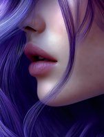 Close-up portrait of young woman with vibrant purple hair and glossy pink lips. Fashion beauty concept for cosmetics and hair styling projects.