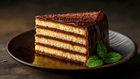 Layered cake slice with chocolate ganache coating and mint garnish on dark plate, rich cream filling between golden sponge layers creates luxurious dessert texture.