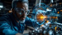 Mature Caucasian engineer in protective glasses examining futuristic holographic interface with glowing blue circular elements in dark laboratory setting.