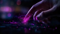 Finger touching glowing digital surface creating ripple effect with pink and purple particles against dark background, futuristic technology concept.