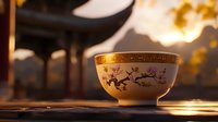 Traditional Asian ceramic tea bowl with cherry blossom design illuminated by warm sunset light, creating atmospheric mood with blurred pagoda silhouette background.