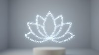 Glowing lotus flower made of sparkling white lights floating above a podium on a soft gray background, perfect for wellness and spa concepts.