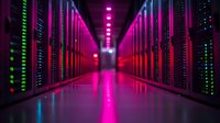 Futuristic data center corridor with neon pink and purple lighting, rows of server racks, and glowing LED indicators creating dramatic perspective and reflective floor surface.