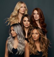Five diverse women showcasing different hair colors and styles including blonde, brunette, red and silver gray waves for beauty salon marketing.
