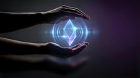 Hands holding glowing geometric diamond shape with blue light energy, representing innovation, technology, and digital transformation for business concepts.