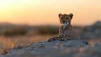 Majestic cheetah resting on rocky outcrop during golden sunset, wild cat lying alert with spotted coat against warm evening sky in African savanna landscape.