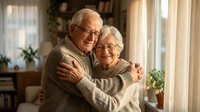Happy senior Caucasian couple embracing in cozy home interior with warm sunlight streaming through windows creating intimate moment of love and togetherness.