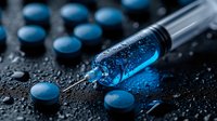 Medical syringe with glowing blue liquid and scattered pills on dark wet surface, dramatic lighting creates mysterious pharmaceutical atmosphere.