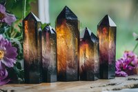 Mystical fluorite crystal towers with purple and orange hues arranged on wooden surface among pink flowers, creating magical healing atmosphere for spiritual practices.