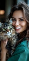 Young Mediterranean woman with bright smile holding fluffy tabby cat with green eyes. Close-up portrait showing genuine joy and connection between pet and owner.