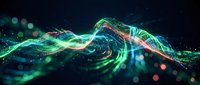 Abstract digital wave with glowing green and blue particles flowing through dark space creating dynamic energy visualization for technology concepts.