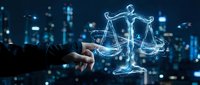 Digital justice scales hologram floating above businessman hand in modern city at night representing legal technology and law firm innovation.