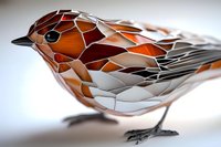Geometric mosaic style sparrow in brown and orange tones, artistic bird sculpture with angular faceted design on light background.
